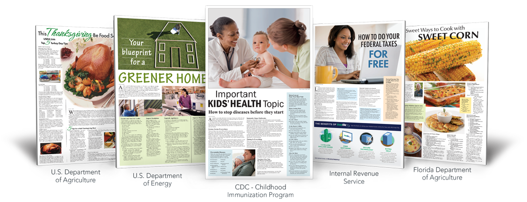 Family Features Educational Campaigns - U.S. Department of Agriculture, Florida Department of Agriculture, CDC Childhood Immunization Program, Internal Revenue Service, U.S. Department of Energy